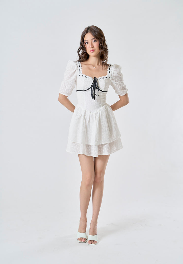 Mireil White Eyelet Square Neck with Black Ribbon Short Sleeves Layered Mini Dress