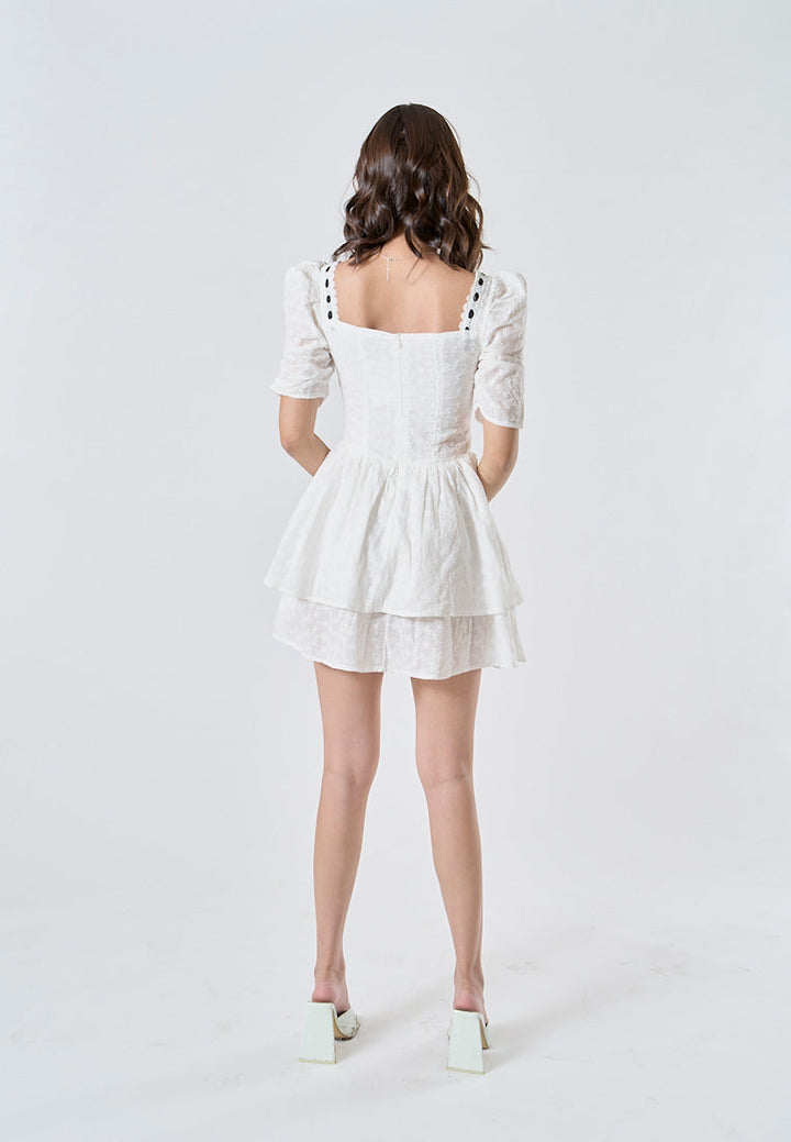 Mireil White Eyelet Square Neck with Black Ribbon Short Sleeves Layered Mini Dress