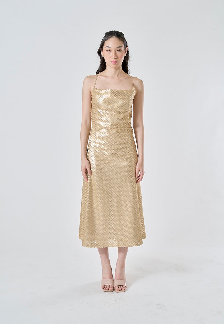 Lucienn Golden Sequin Cowl Neck Thin Strap Cross Back A-Line Slip Midi Dress