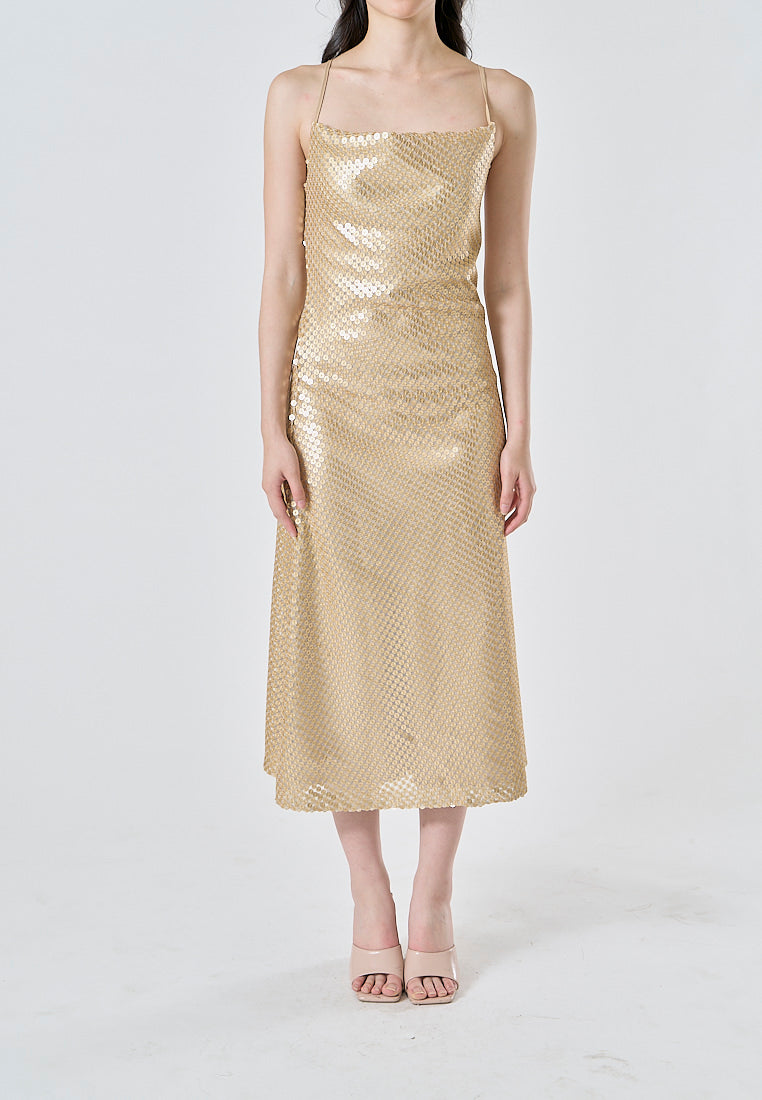 Lucienn Golden Sequin Cowl Neck Thin Strap Cross Back A-Line Slip Midi Dress