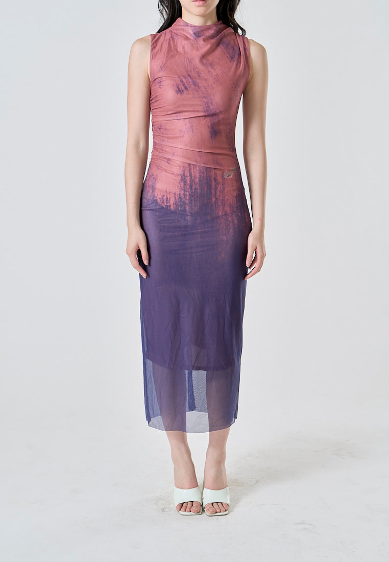 Asvoria Dual Color Sleeveless Mock Neck Ruched Sheath Maxi Dress