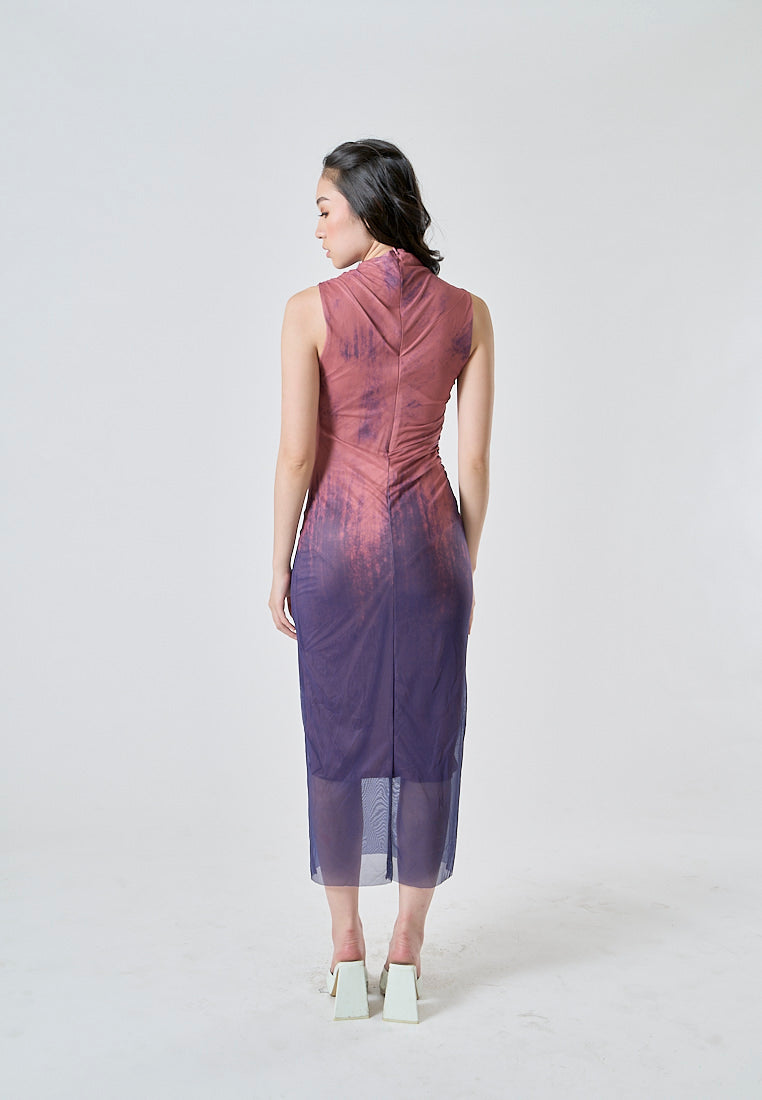 Asvoria Dual Color Sleeveless Mock Neck Ruched Sheath Maxi Dress