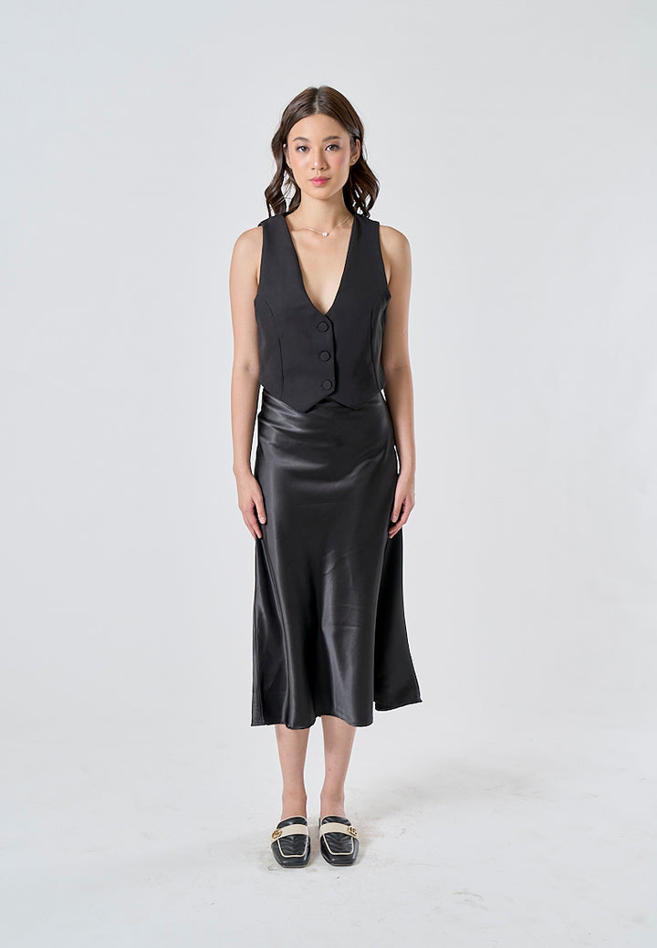 (PRE-ORDER: ETA August 5,2024)Elvire Black V Neck Buttons Up Sleeveless Front Hollow Out Maxi Dress
