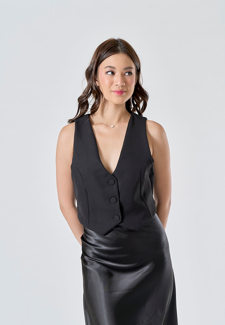 (PRE-ORDER: ETA August 5,2024)Elvire Black V Neck Buttons Up Sleeveless Front Hollow Out Maxi Dress