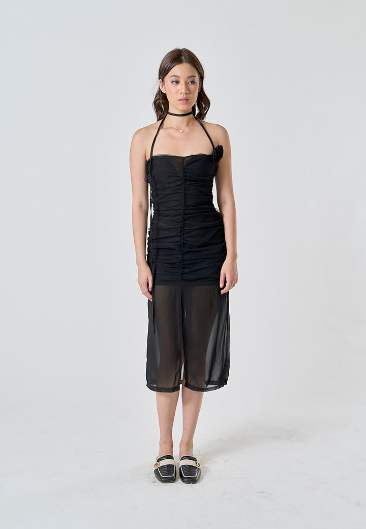 Thaira Black Flower Choker Elegant Ruched Mesh Tube Midi Dress