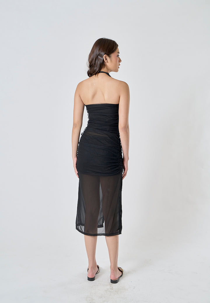 Thaira Black Flower Choker Elegant Ruched Mesh Tube Midi Dress