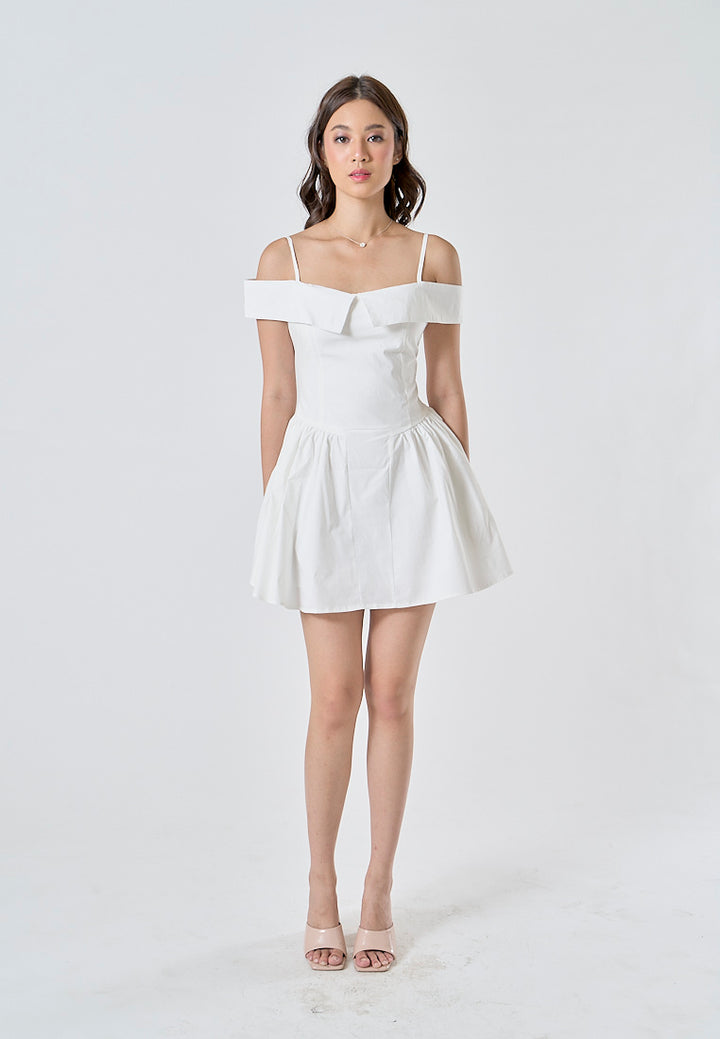 Zasha White Off Shoulder with Thin Strap Zipper Back Pleated Mini Dress