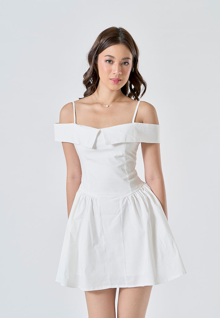Zasha White Off Shoulder with Thin Strap Zipper Back Pleated Mini Dress