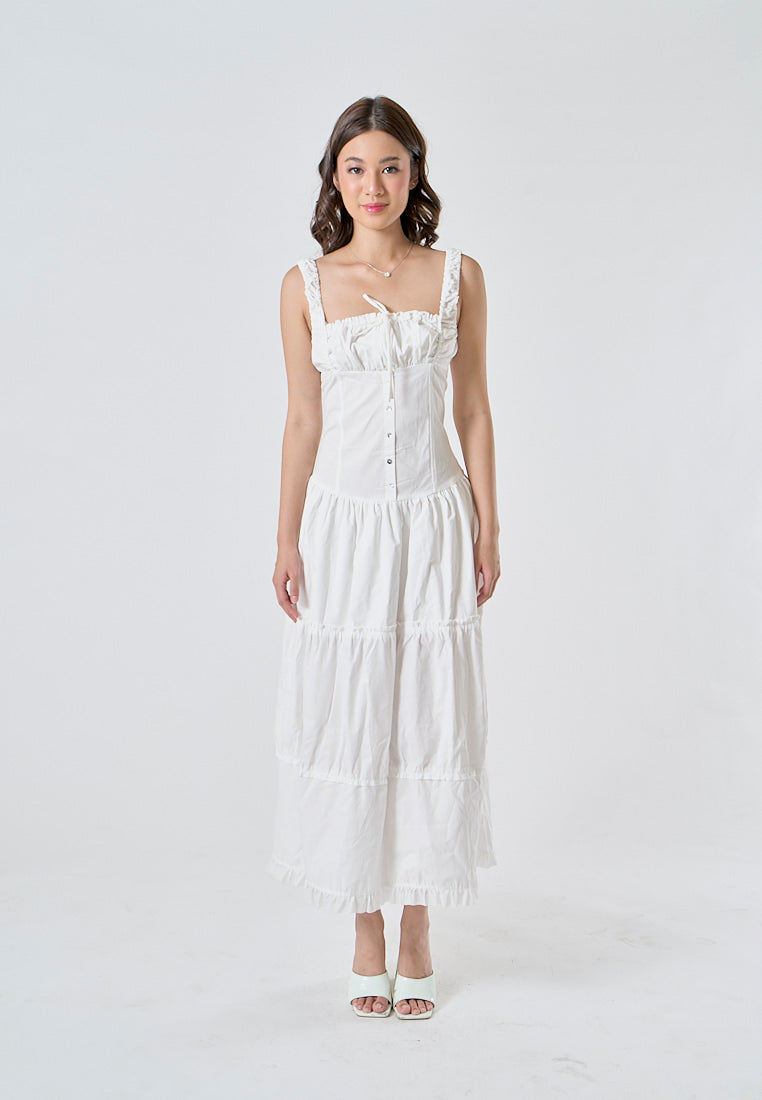 Odile White Ruched Bust Square Neck Sleeveless Tiered Midi Dress