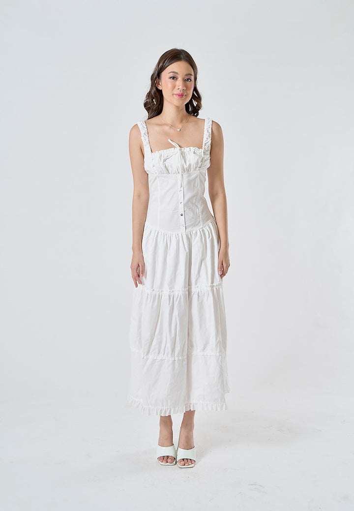 Odile White Ruched Bust Square Neck Sleeveless Tiered Midi Dress