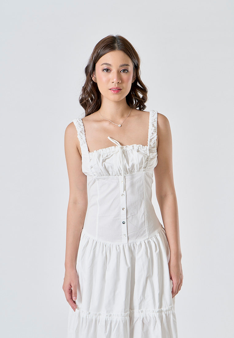 Odile White Ruched Bust Square Neck Sleeveless Tiered Midi Dress