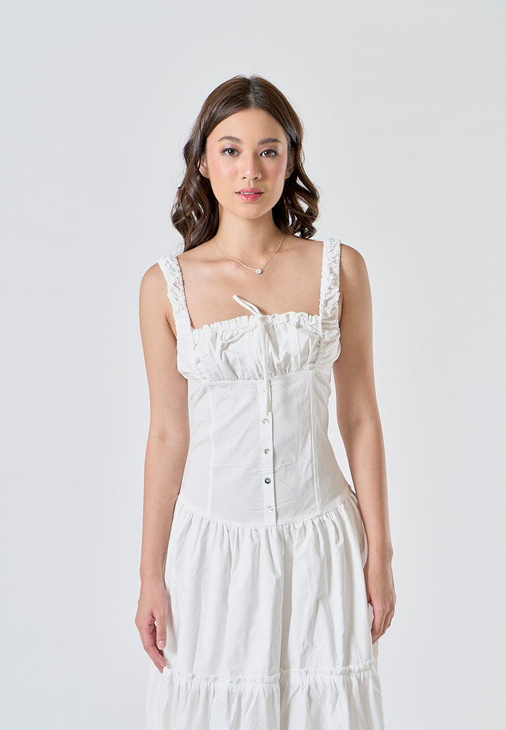Odile White Ruched Bust Square Neck Sleeveless Tiered Midi Dress
