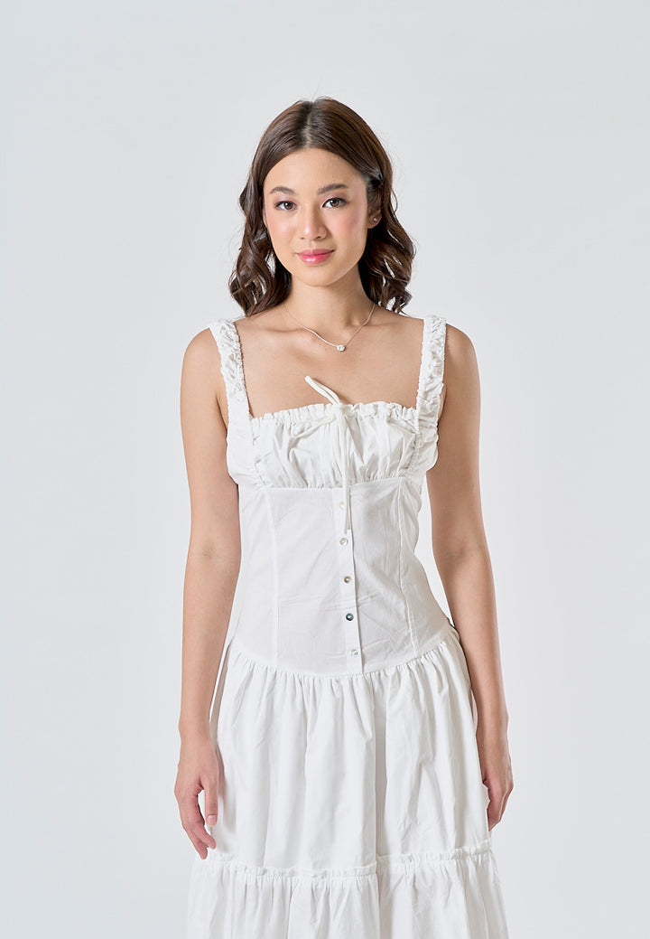 Odile White Ruched Bust Square Neck Sleeveless Tiered Midi Dress
