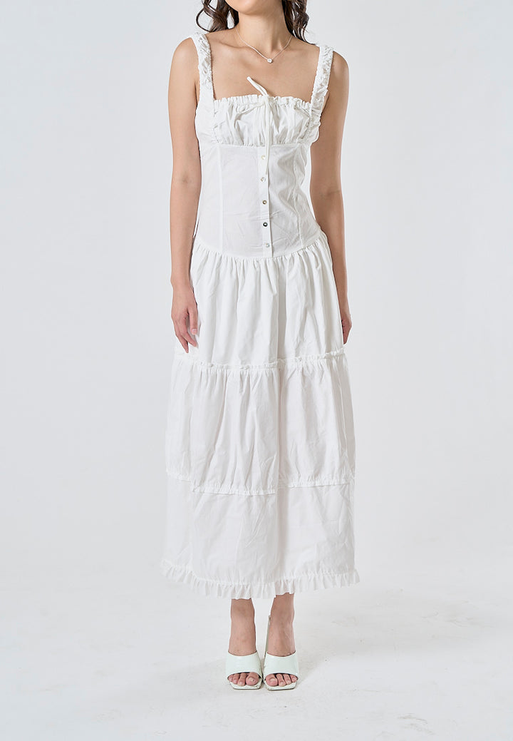 Odile White Ruched Bust Square Neck Sleeveless Tiered Midi Dress