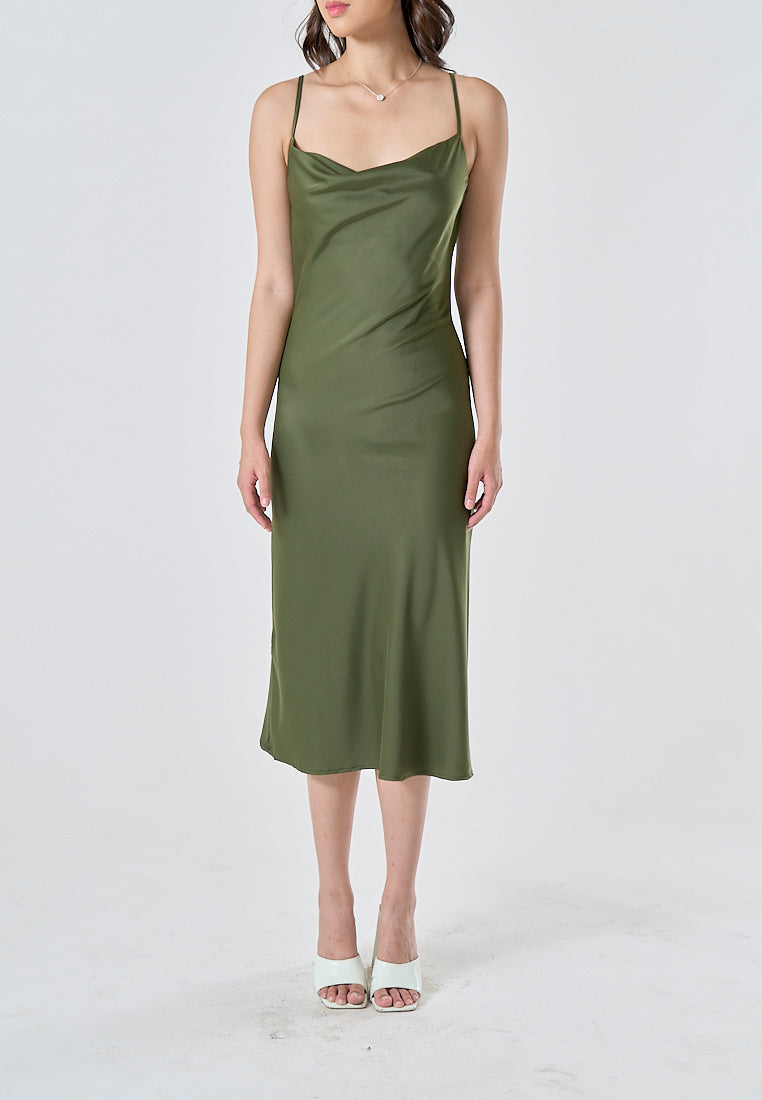 Kailani Olive Green Cowl Neck Sleeveless Adjustable Strap Slip Midi Dress