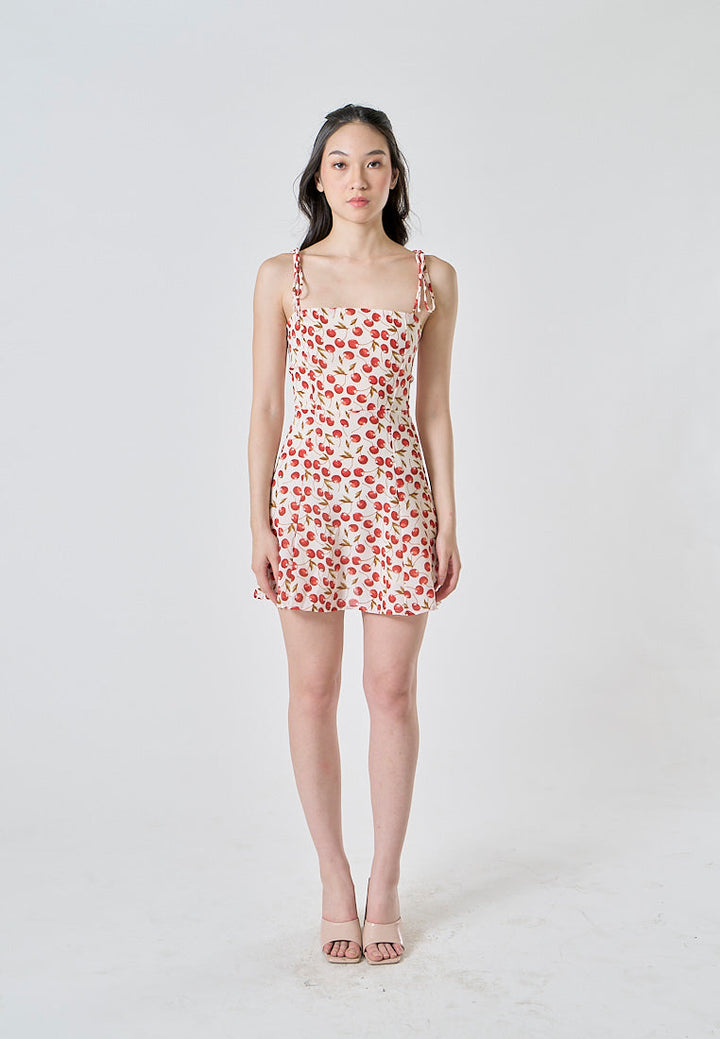 Rada White Red Cherry Print Sleeveless Self Tie Strap Smocked Zipper Back Mini Dress