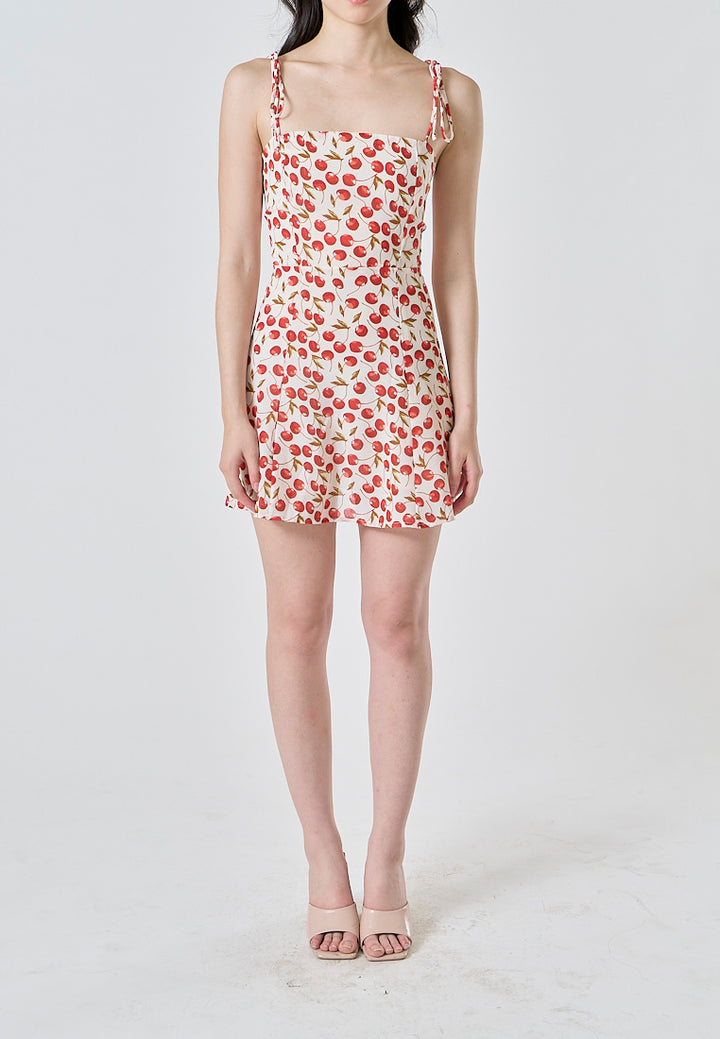 Rada White Red Cherry Print Sleeveless Self Tie Strap Smocked Zipper Back Mini Dress