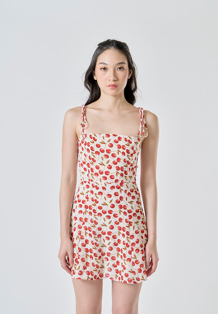 Rada White Red Cherry Print Sleeveless Self Tie Strap Smocked Zipper Back Mini Dress