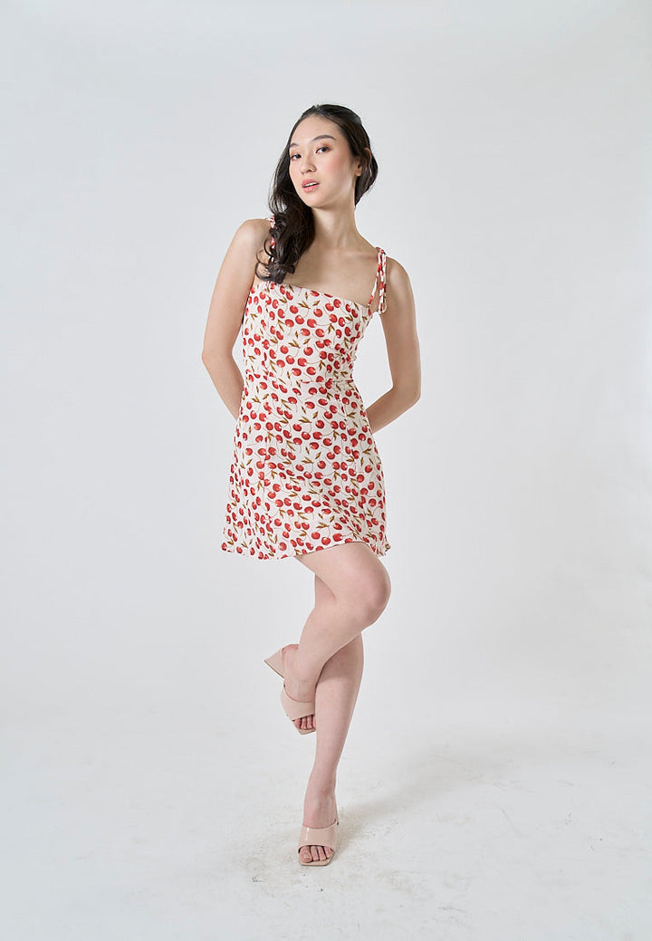 Rada White Red Cherry Print Sleeveless Self Tie Strap Smocked Zipper Back Mini Dress