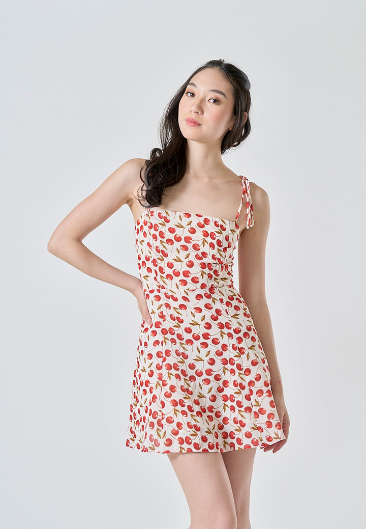 Rada White Red Cherry Print Sleeveless Self Tie Strap Smocked Zipper Back Mini Dress