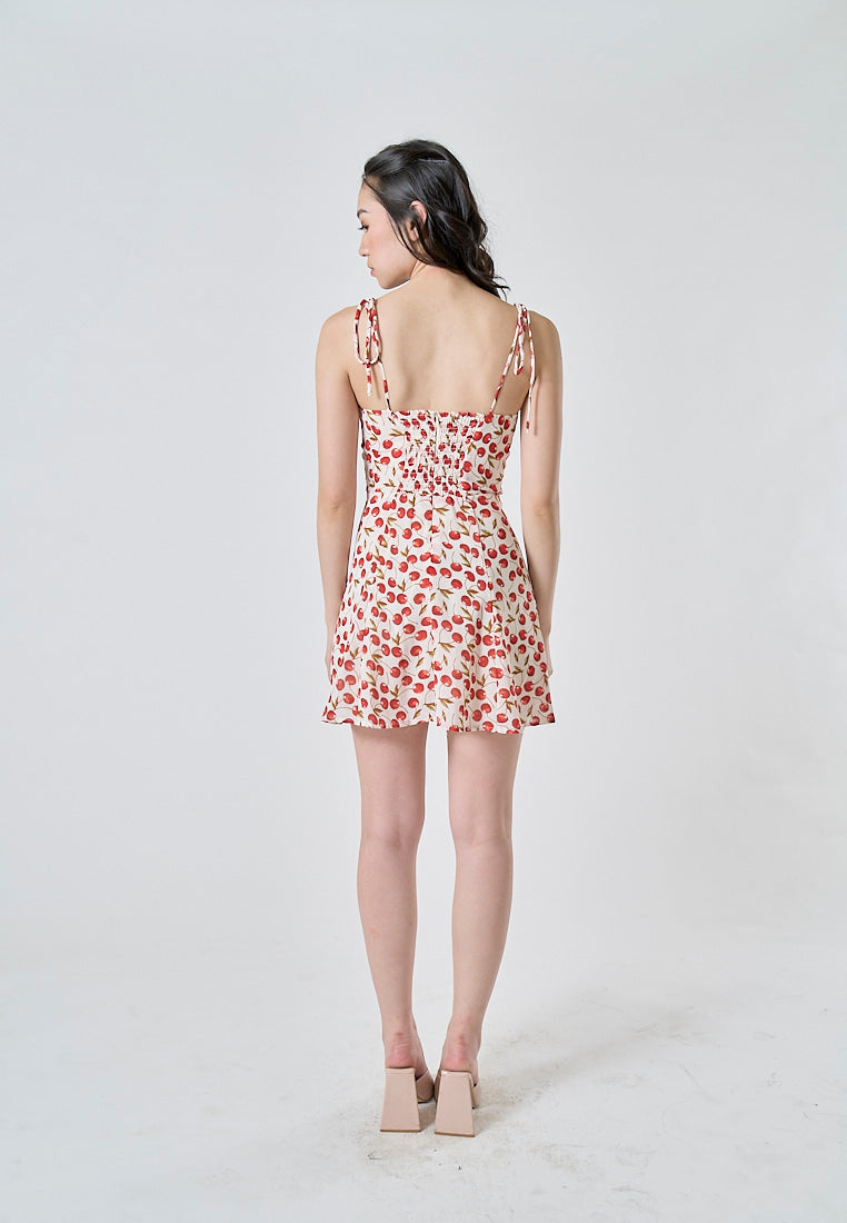 Rada White Red Cherry Print Sleeveless Self Tie Strap Smocked Zipper Back Mini Dress