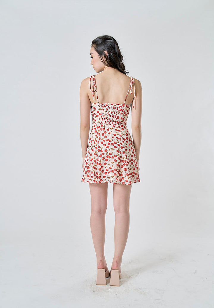 Rada White Red Cherry Print Sleeveless Self Tie Strap Smocked Zipper Back Mini Dress