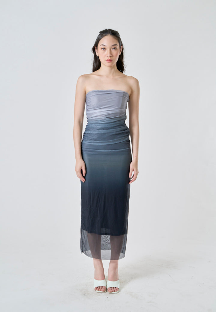 Katniss Graphite And Black Gradient Tie Dye Mesh Pleated Bodycon Tube Midi Dress