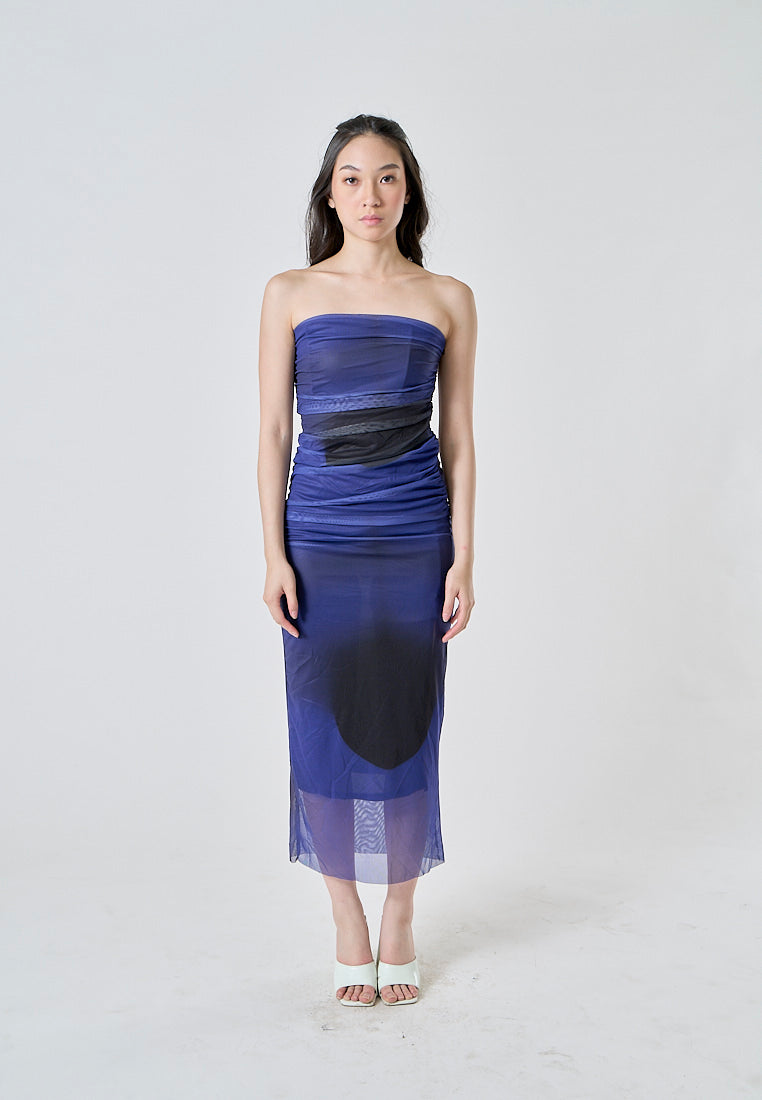 Katniss Cobalt Blue and Black Tie Dye Mesh Pleated Bodycon Tube Midi Dress