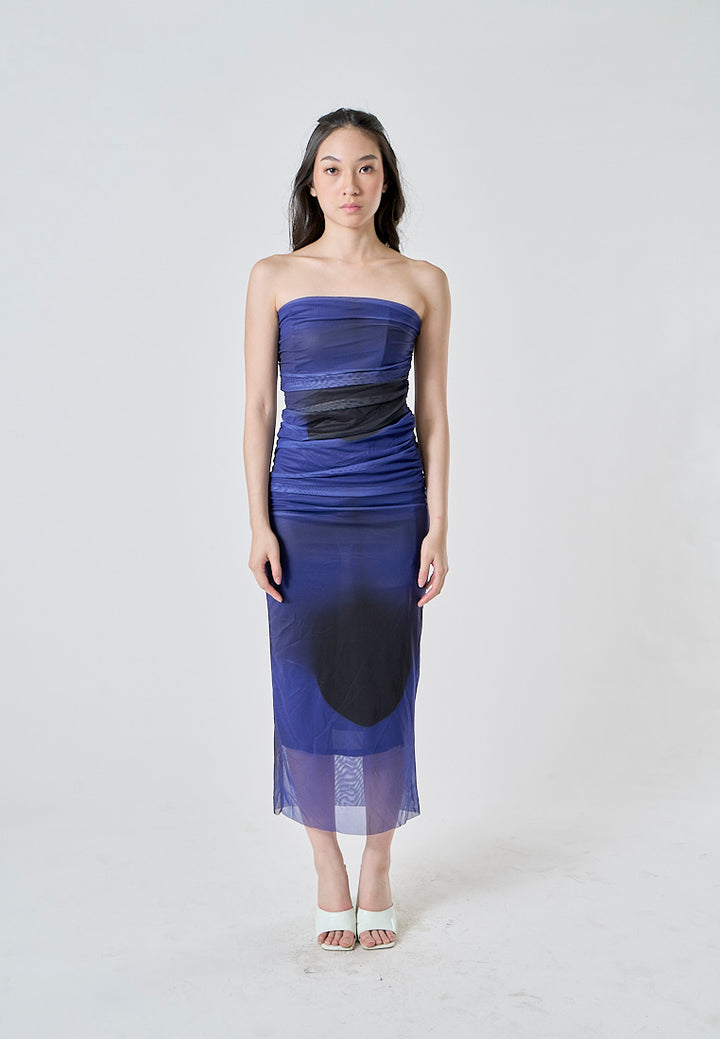 Katniss Cobalt Blue and Black Tie Dye Mesh Pleated Bodycon Tube Midi Dress