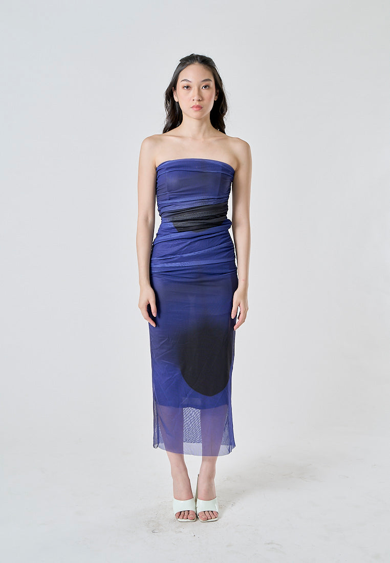 Katniss Cobalt Blue and Black Tie Dye Mesh Pleated Bodycon Tube Midi Dress