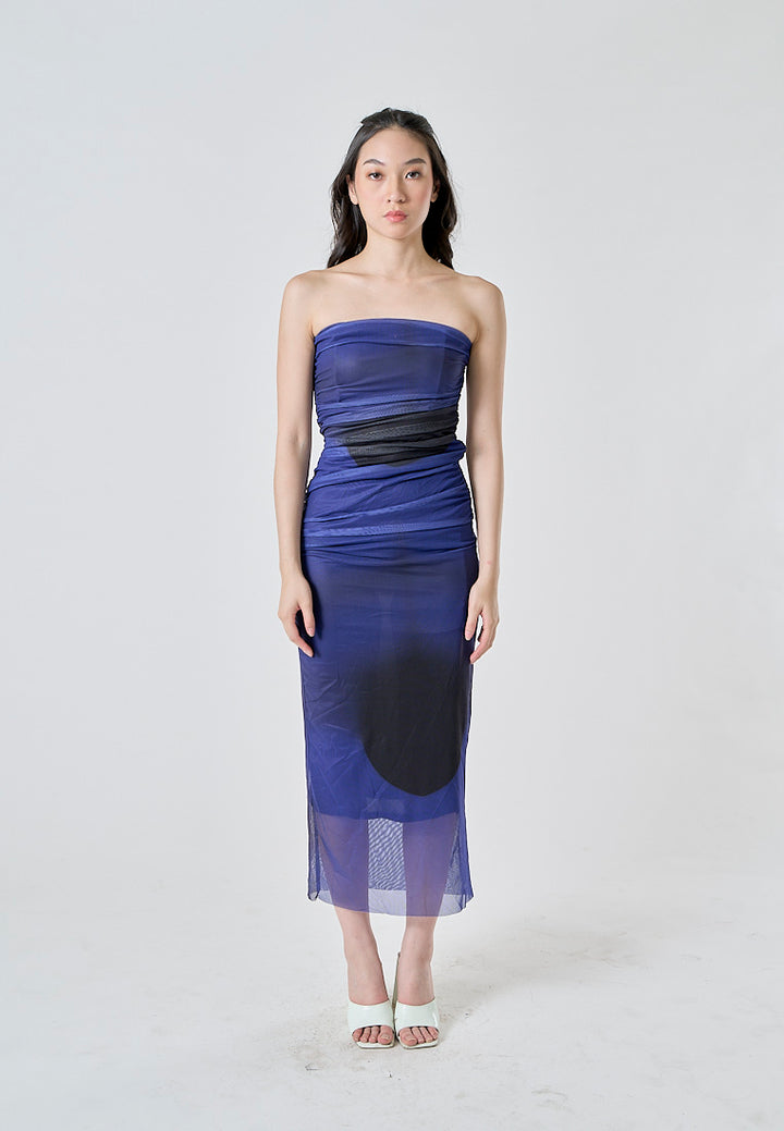 Katniss Cobalt Blue and Black Tie Dye Mesh Pleated Bodycon Tube Midi Dress