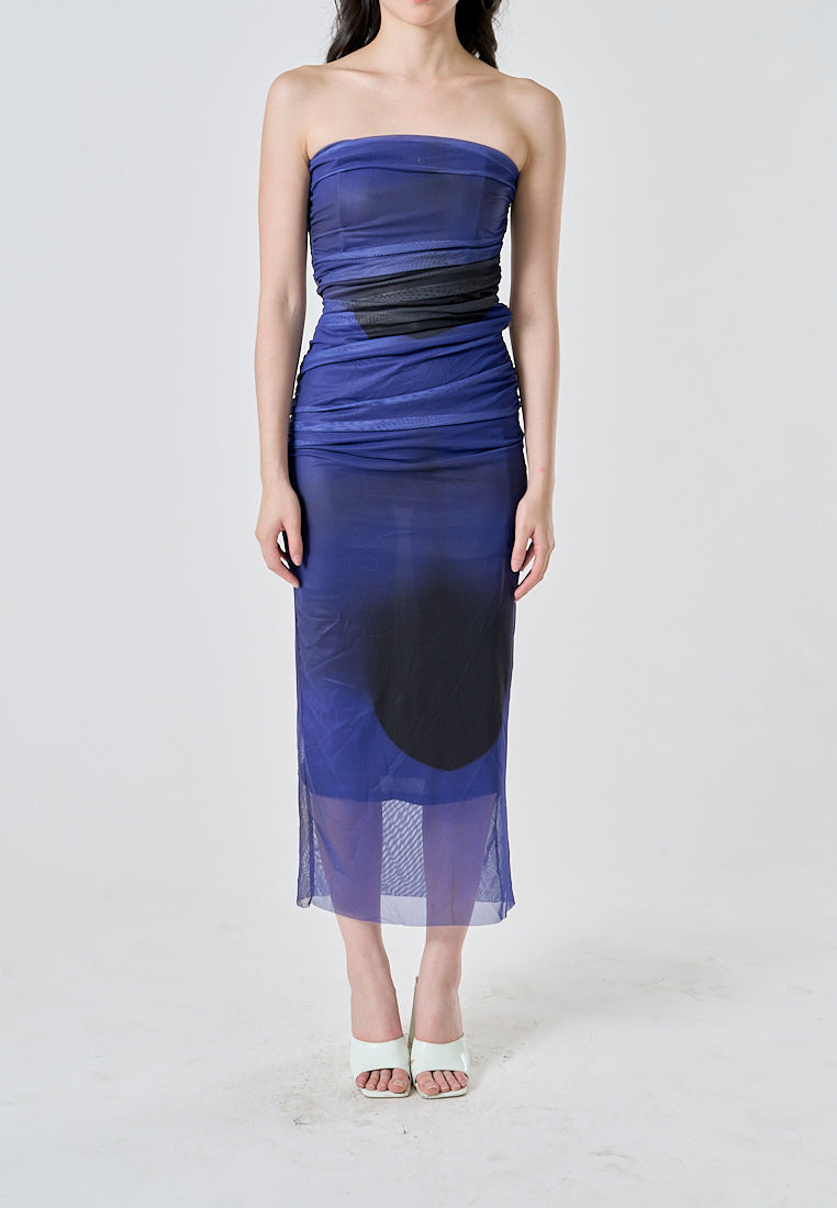 Katniss Cobalt Blue and Black Tie Dye Mesh Pleated Bodycon Tube Midi Dress