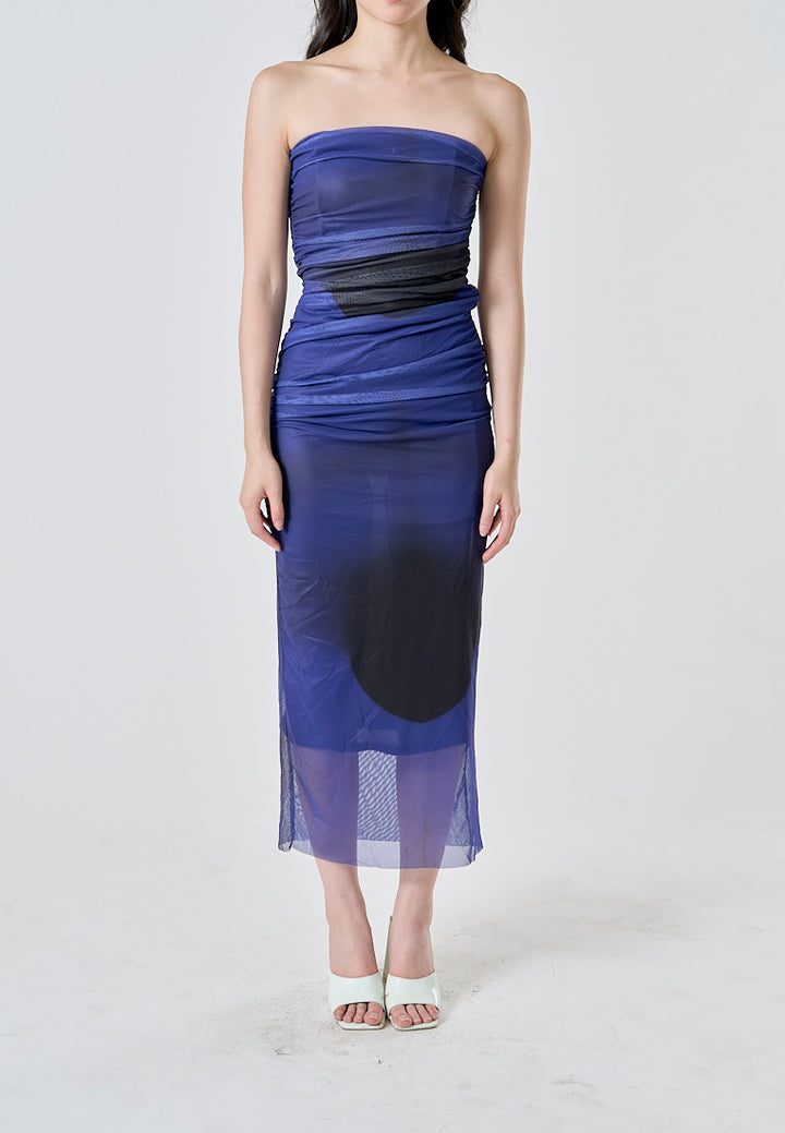 Katniss Cobalt Blue and Black Tie Dye Mesh Pleated Bodycon Tube Midi Dress