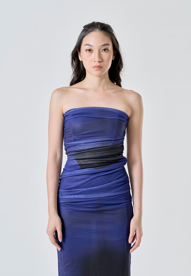Katniss Cobalt Blue and Black Tie Dye Mesh Pleated Bodycon Tube Midi Dress