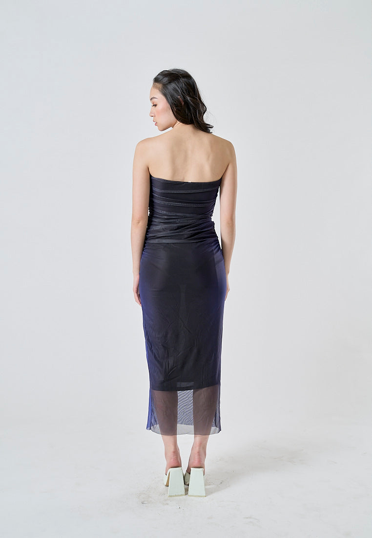 Katniss Cobalt Blue and Black Tie Dye Mesh Pleated Bodycon Tube Midi Dress