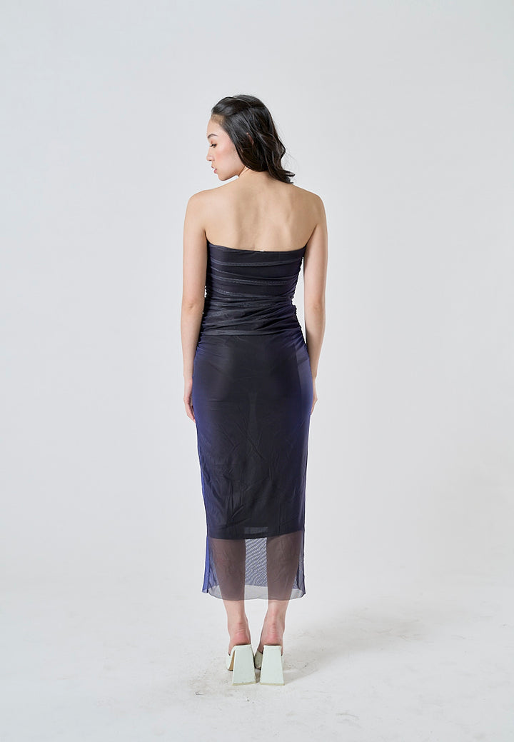 Katniss Cobalt Blue and Black Tie Dye Mesh Pleated Bodycon Tube Midi Dress