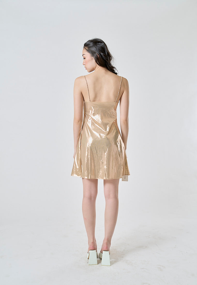 Adoline Beige Silk Cowl Neckline Sleeveless Mini Dress