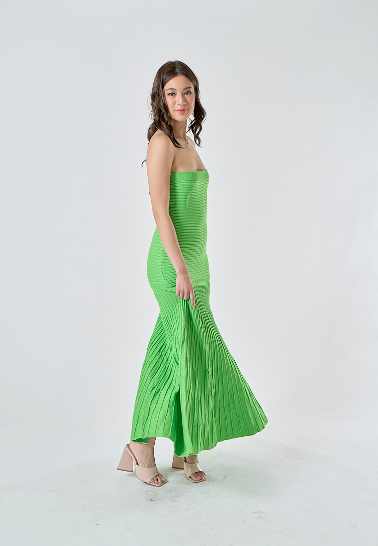 Aghamora Lime Green Kntted Bodycon Tube Midi Dress