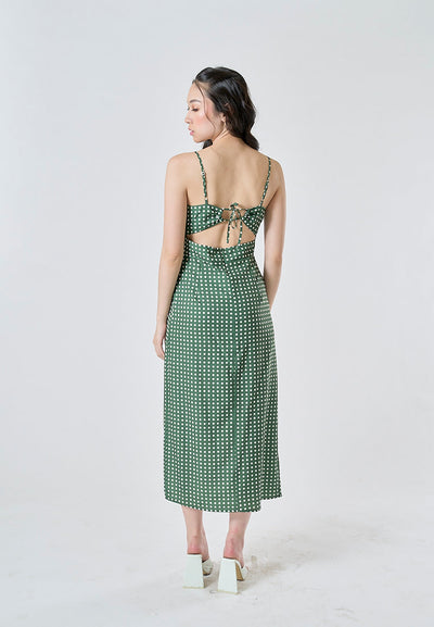 Periwinkle Pine Green Polka Sleeveless Side Slit Midi Dress