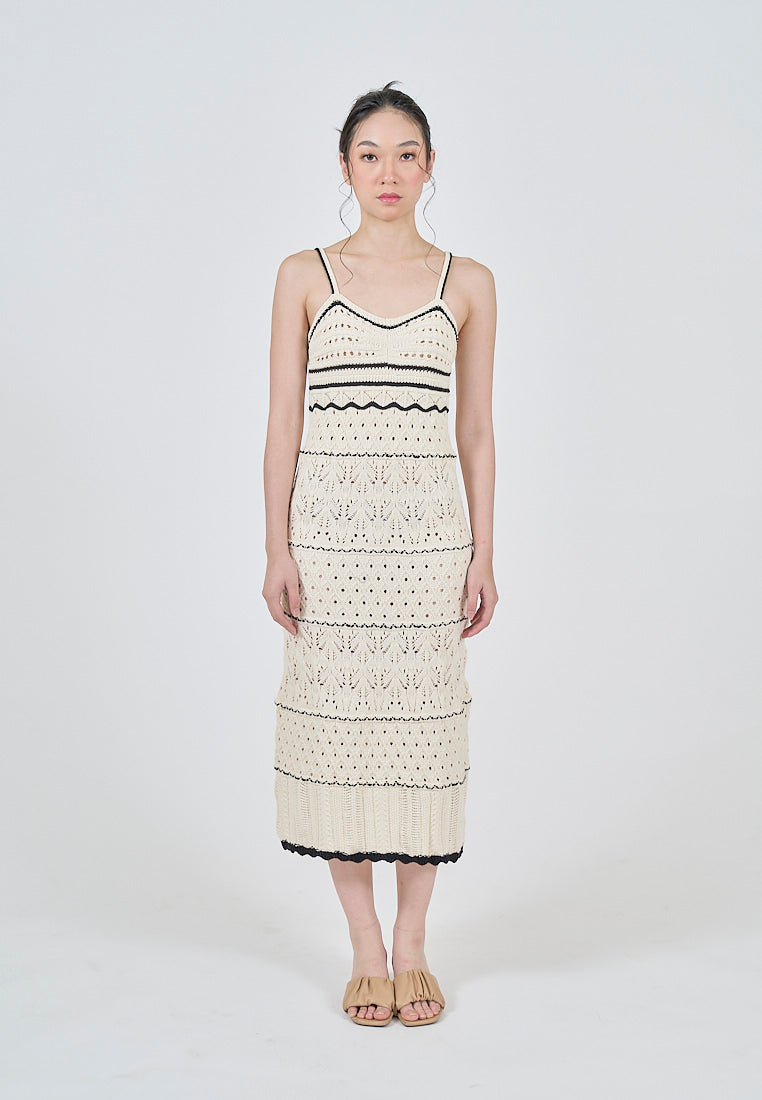 Ruthvi Beige with Black Detals Knitted Eyelet Sleeveless A-Line Midi Dress