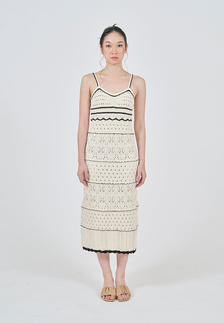 Ruthvi Beige with Black Detals Knitted Eyelet Sleeveless A-Line Midi Dress