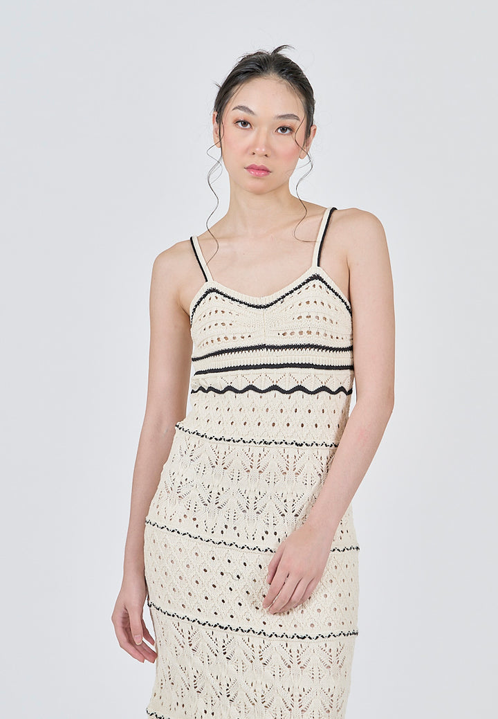 Ruthvi Beige with Black Detals Knitted Eyelet Sleeveless A-Line Midi Dress