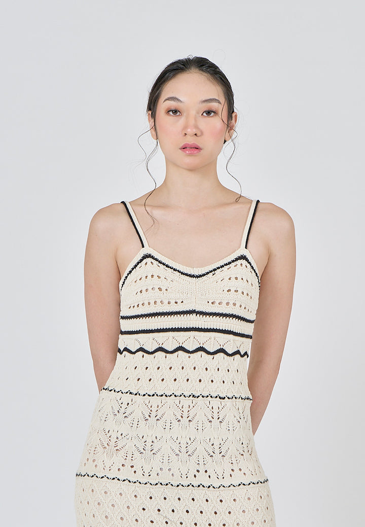 Ruthvi Beige with Black Detals Knitted Eyelet Sleeveless A-Line Midi Dress