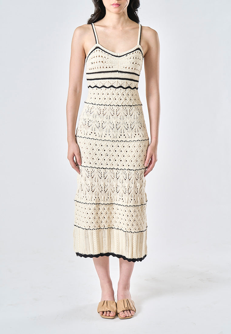 Ruthvi Beige with Black Detals Knitted Eyelet Sleeveless A-Line Midi Dress