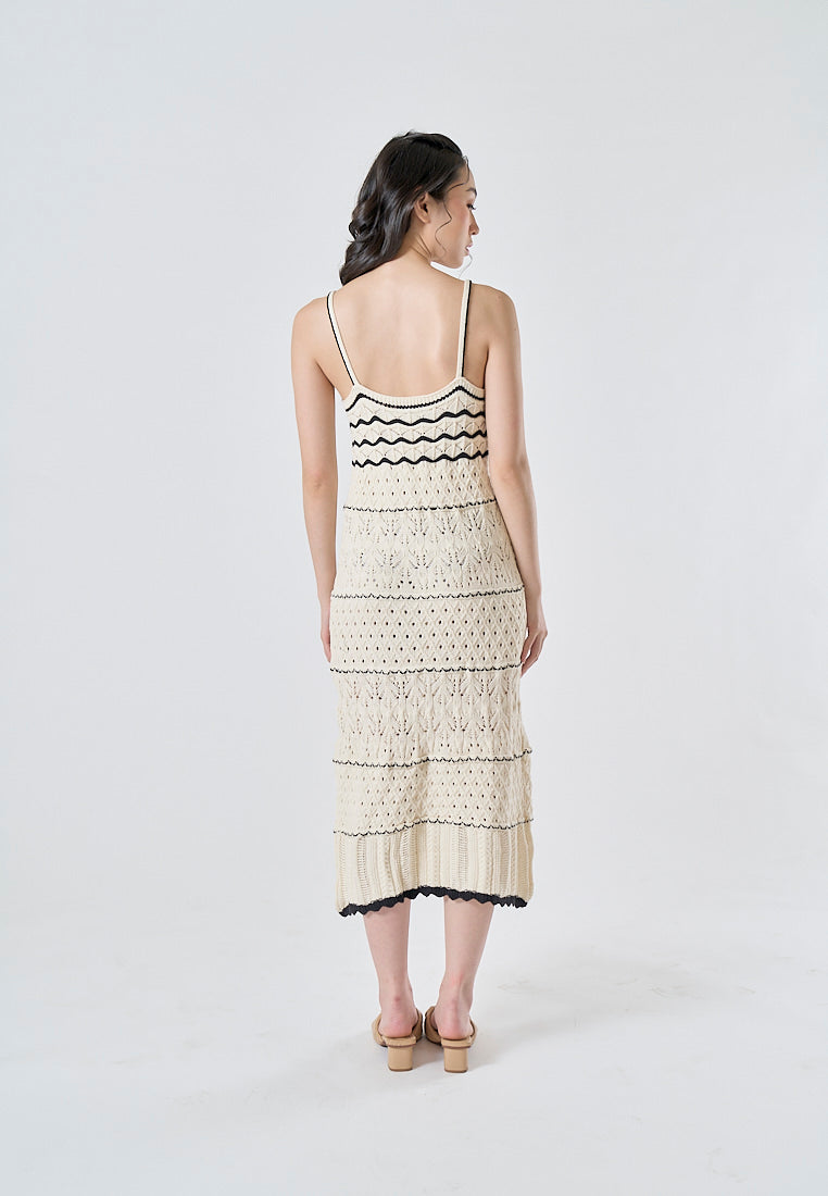 Ruthvi Beige with Black Detals Knitted Eyelet Sleeveless A-Line Midi Dress