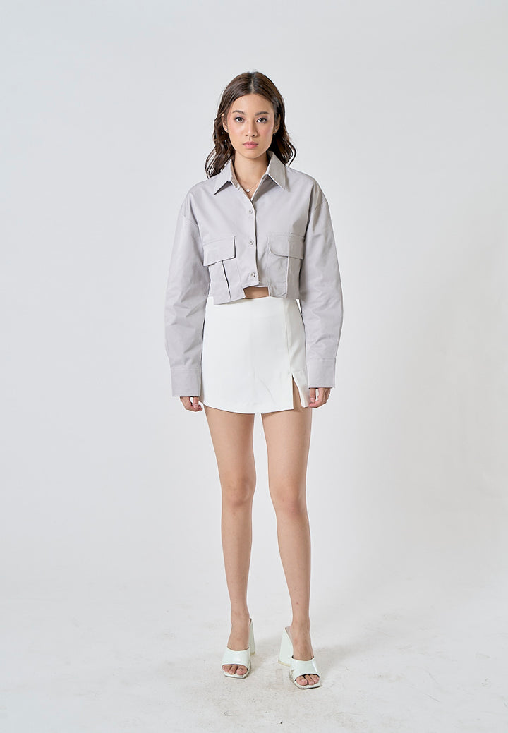 Zenith Ash Gray Turn Down Collar Front Pockets Button Up Long Sleeves Polo Crop Top