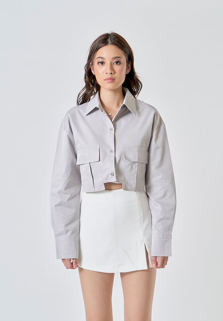 Zenith Ash Gray Turn Down Collar Front Pockets Button Up Long Sleeves Polo Crop Top