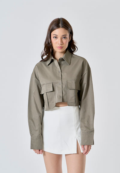 Zenith Moss Green Turn Down Collar Front Pockets Button Up Long Sleeves Polo Crop Top
