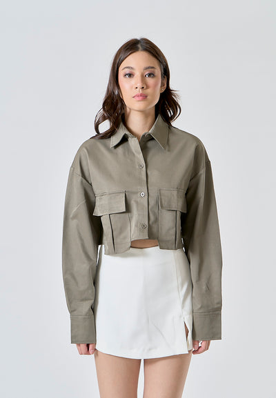 Zenith Moss Green Turn Down Collar Front Pockets Button Up Long Sleeves Polo Crop Top