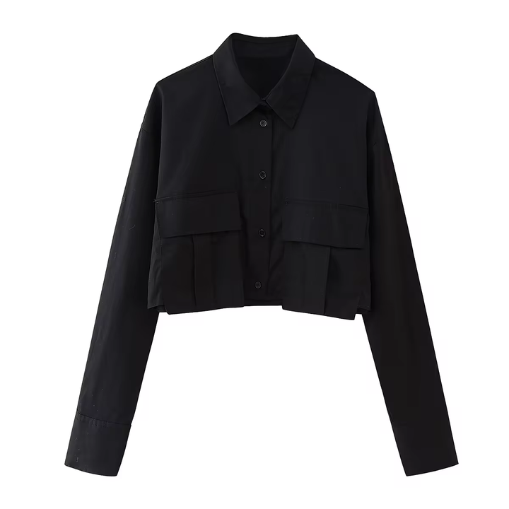 Zenith Jet Black Turn Down Collar Front Pockets Button Up Long Sleeves Polo Crop Top